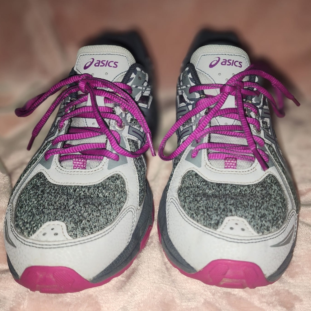 ASICS Gray and Pink Sneakers with Speckled Design